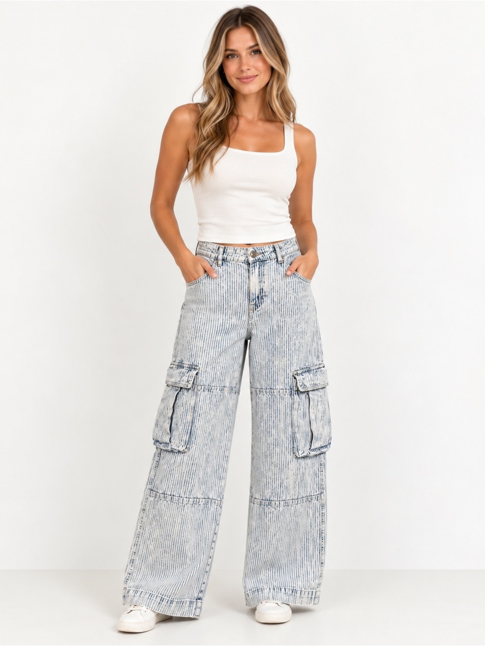 Altar’d State Striped Cargo Jeans Size Small Wide Leg Utility Pants Light Wash